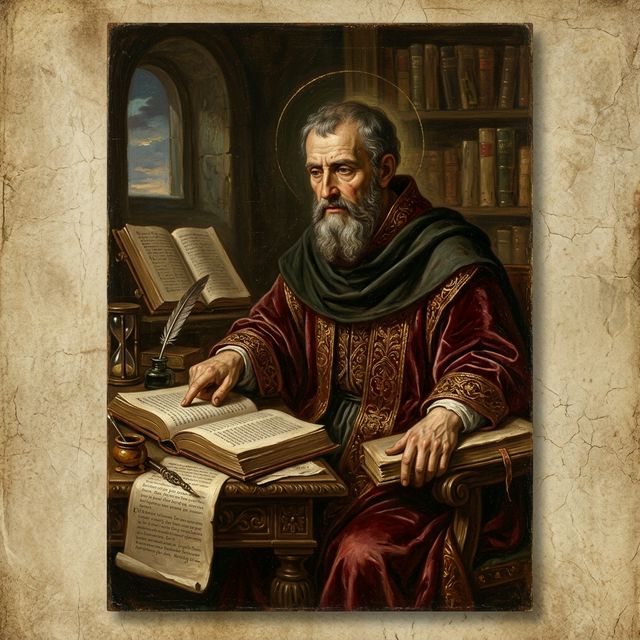 Santo ou pensador cristão primitivo defendendo a fé (estilo pintura clássica)