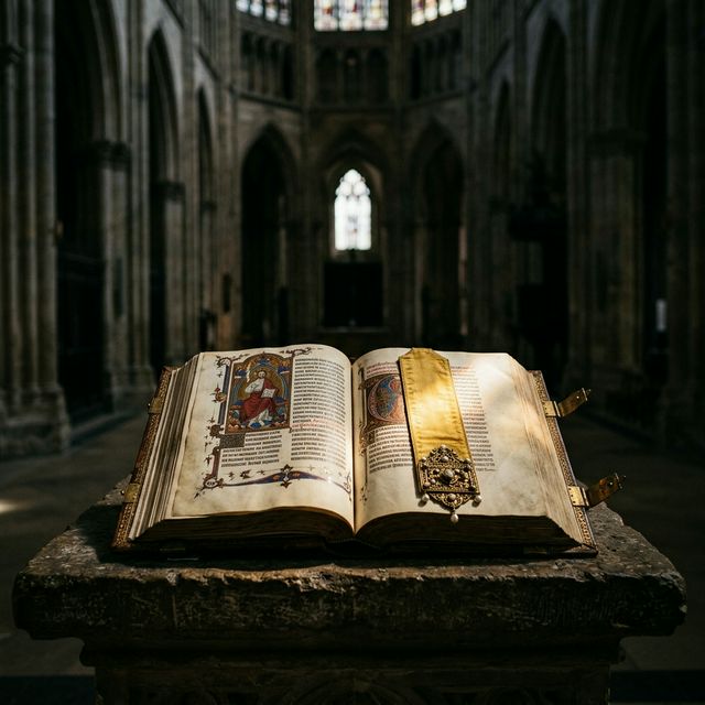 Manuscrito iluminado em altar de pedra em catedral